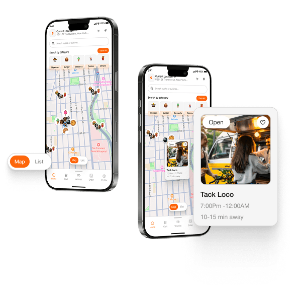 Food Truck Finder map and truck detail on iPhone